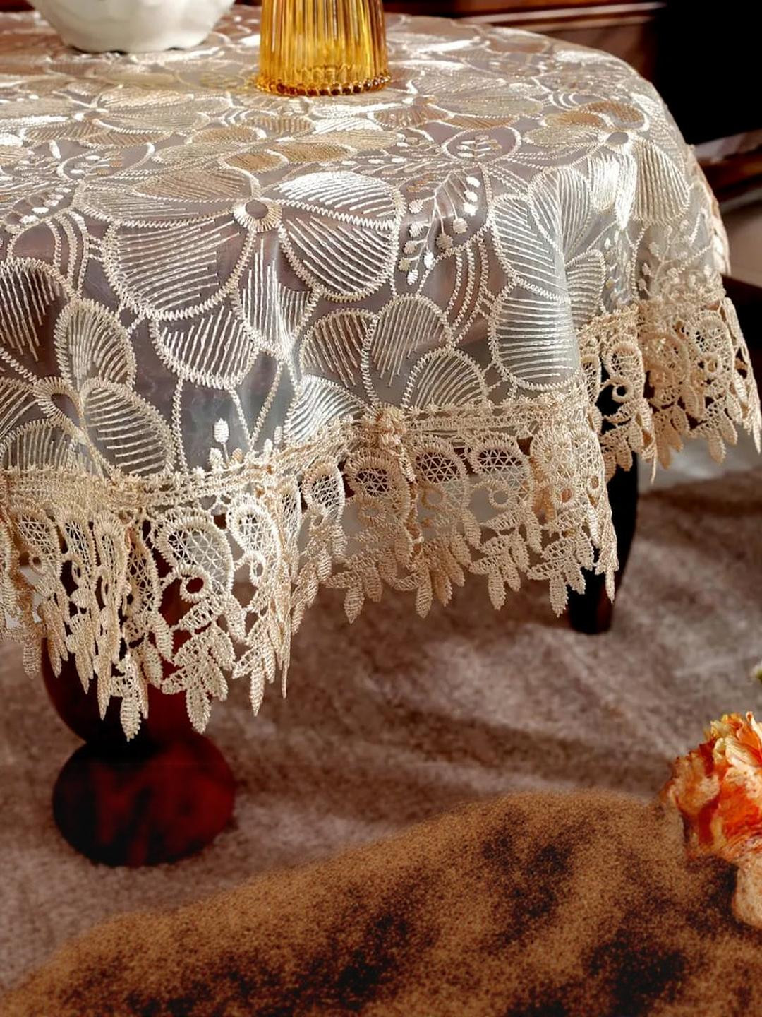 TANLOOMS  Tissue Embroidered 6 Seater Round Dining Table Cover