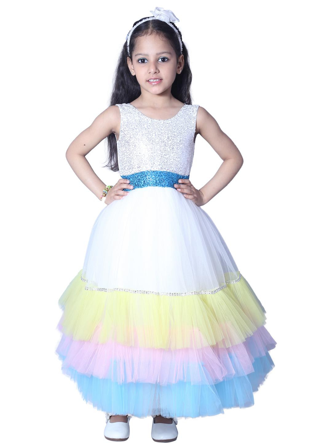 Shahina Fashion Girls White & Blue Multicolor Sequin Princess Gown
