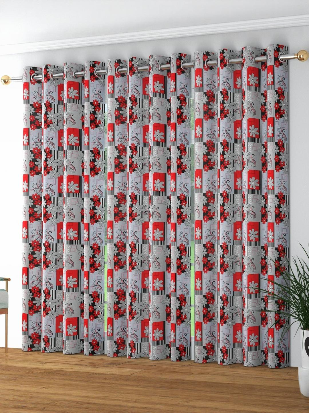 Lunar Days Set of 3 Grey & Red Floral Print Room Darkening 7 Feet Curtains