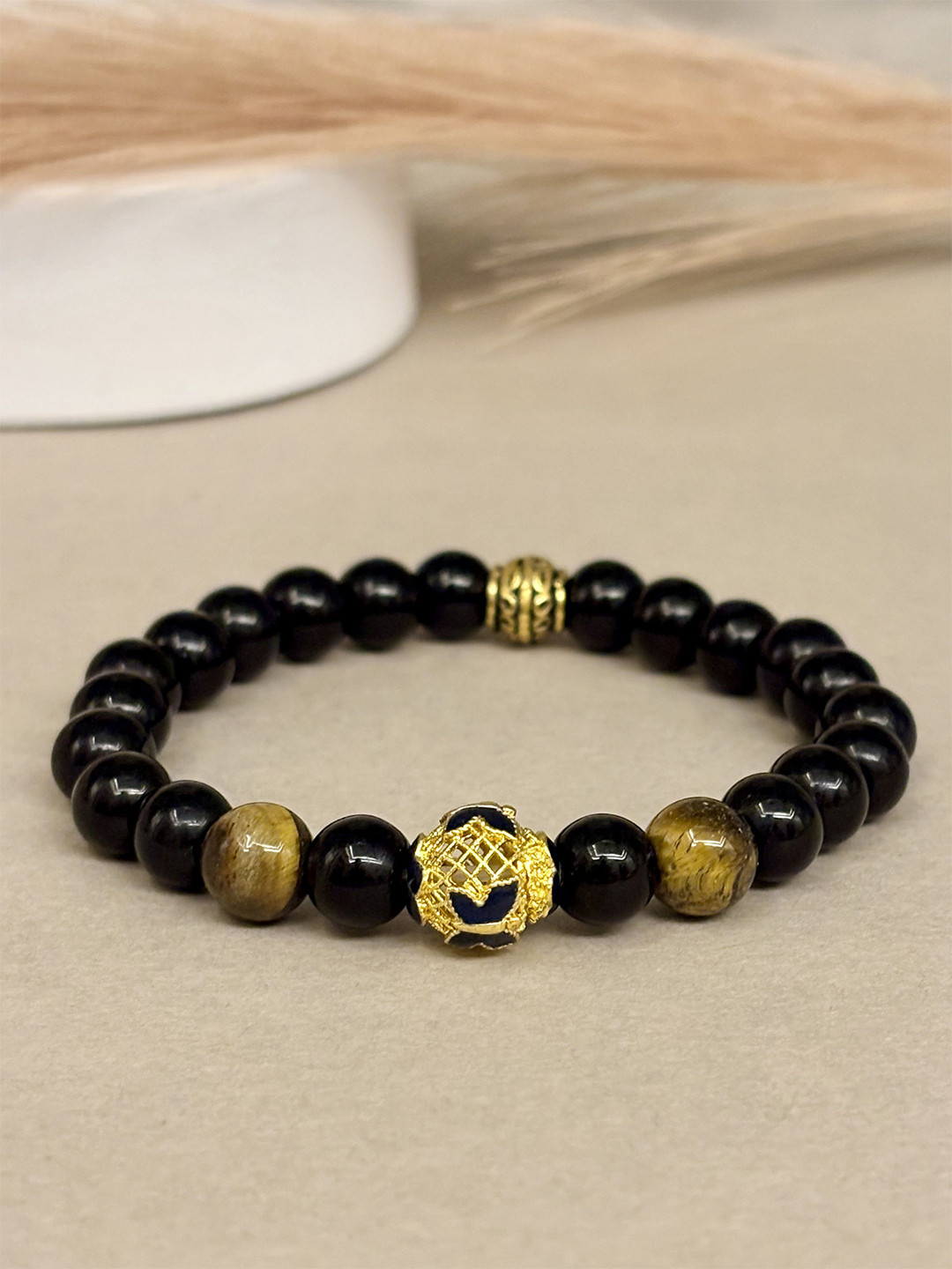 SANAA CREATIONS Unisex Crimson Stone Onyx & Sandstone Studded Elasticated Bracelet