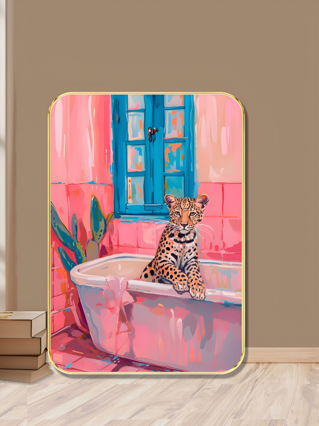 SAF Pink & Blue Bold Leopard in Bathtub Wall Art
