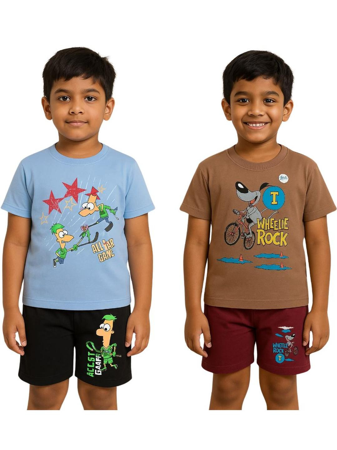 Veecap Pack of 2 Boys Blue & Brown  Cotton Blend T Shirt and shorts