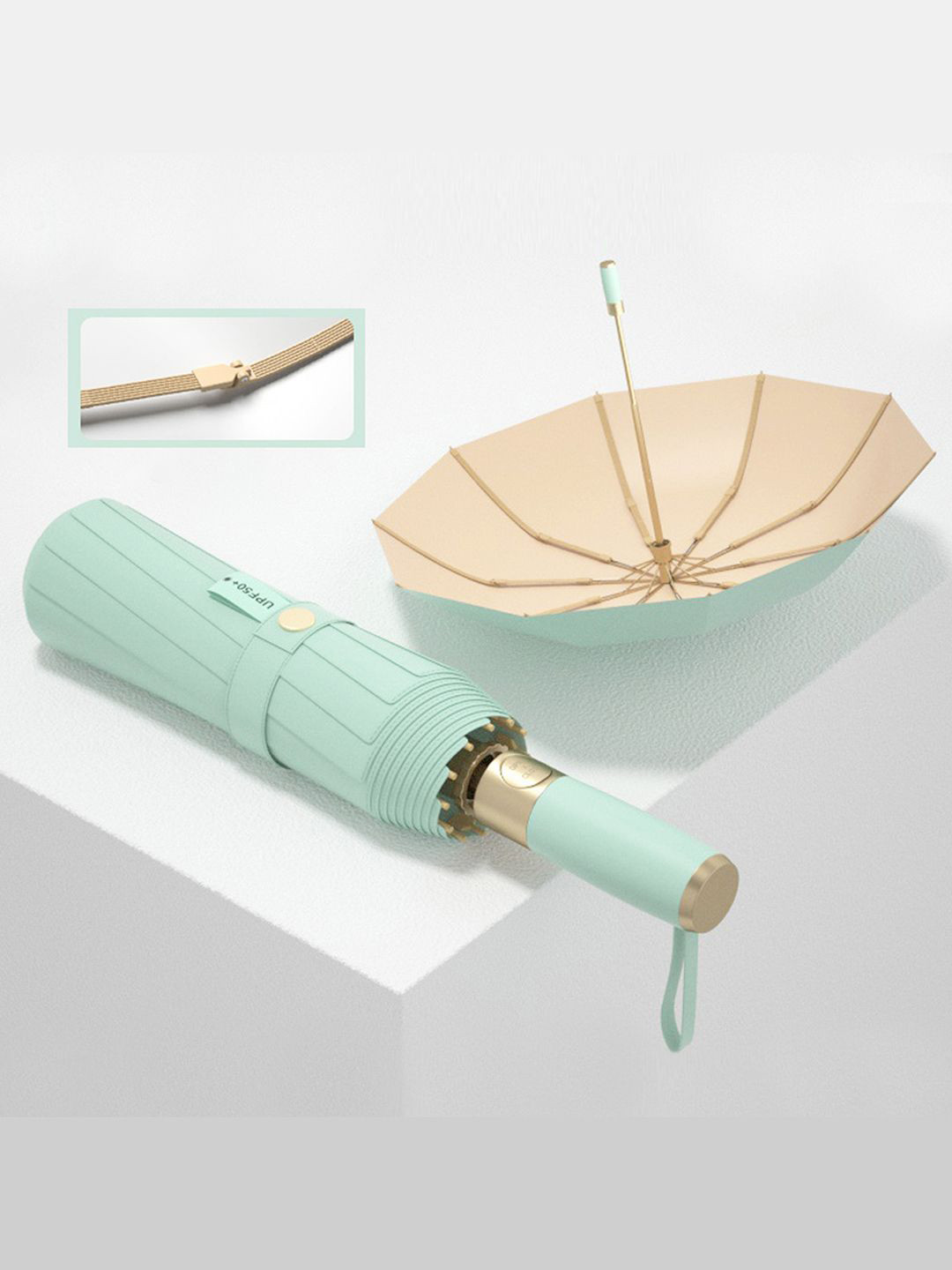 Little Surprise Box LLP Rose Gold & Green Semi-Automatic 3 Fold Umbrella