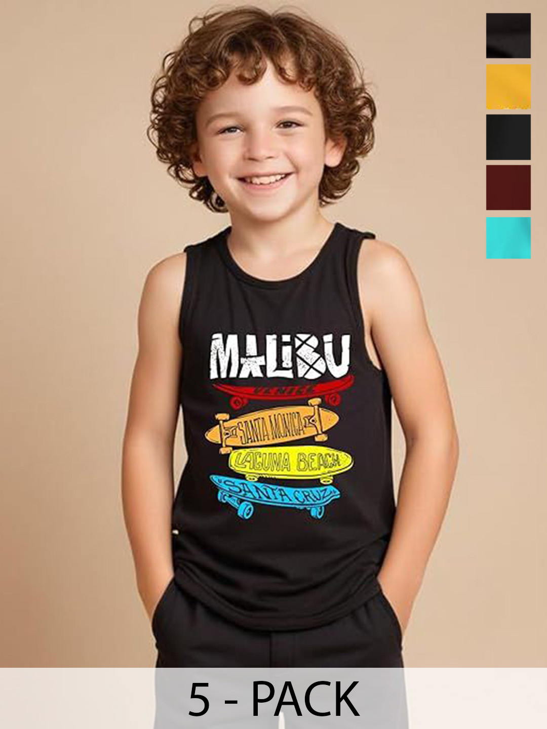 Minicult Kids Pack Of 5 Printed Round Neck Vests VST_PT_E002_20_P5