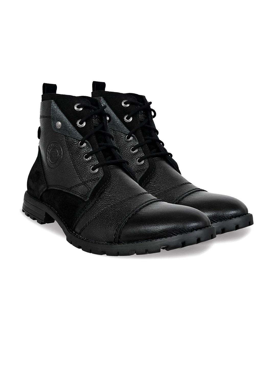 Allen Cooper Men Textured Lace-Up Leather Block Heels Boots