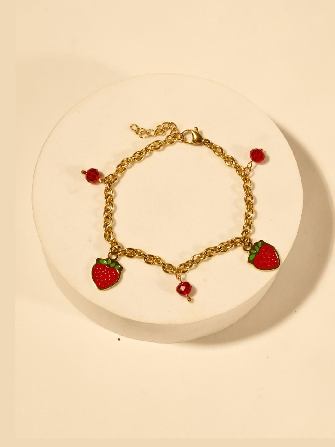 RaasRani Women Gold-Plated Red Strawberry charms bracelet