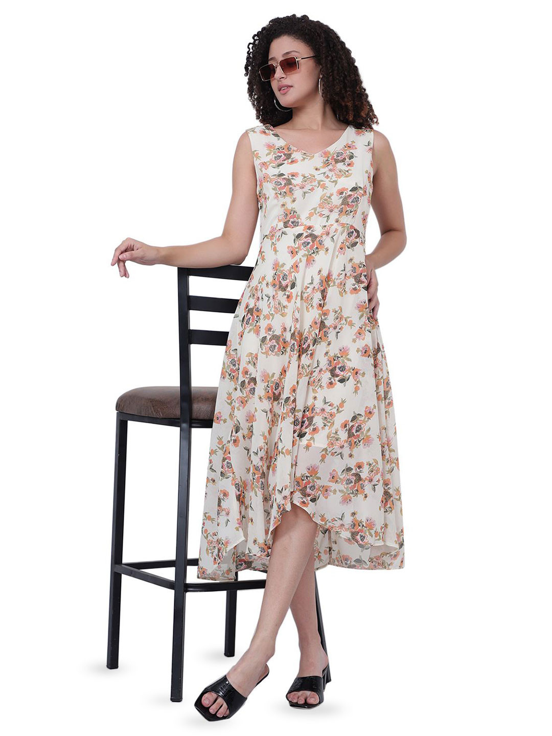 God's Club Women Floral Printed V-Neck Coton Fit & Flare Midi Dress