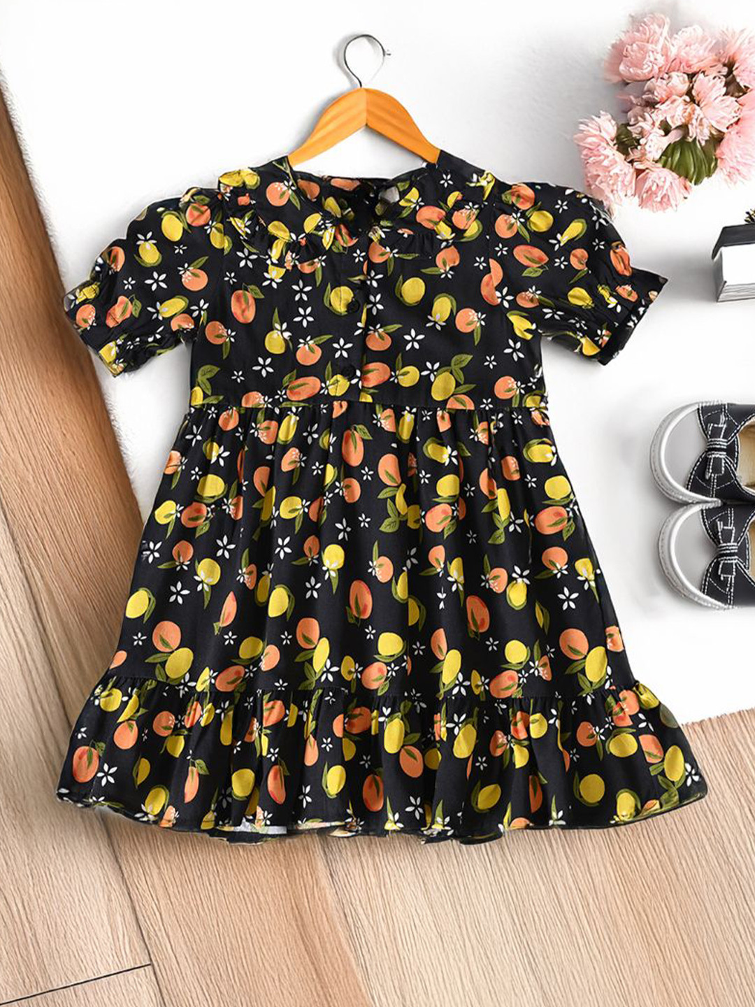 BAESD Girls Fruit Printed Puff  Sleeves Tiered Cotton Fit & Flare Dress