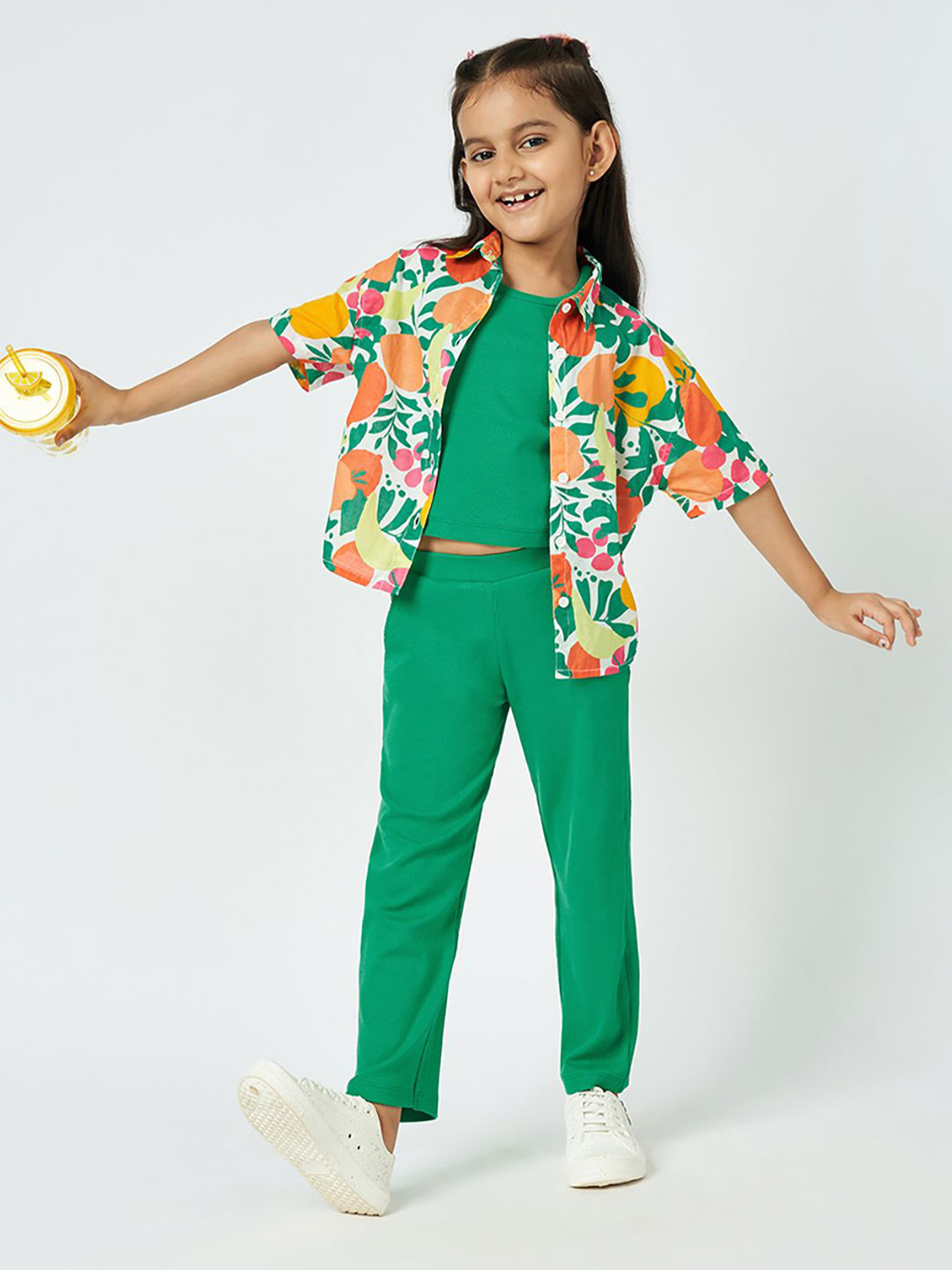 Ed-a-Mamma Girls Round Neck Pure Cotton Top With Trouser & Shirt