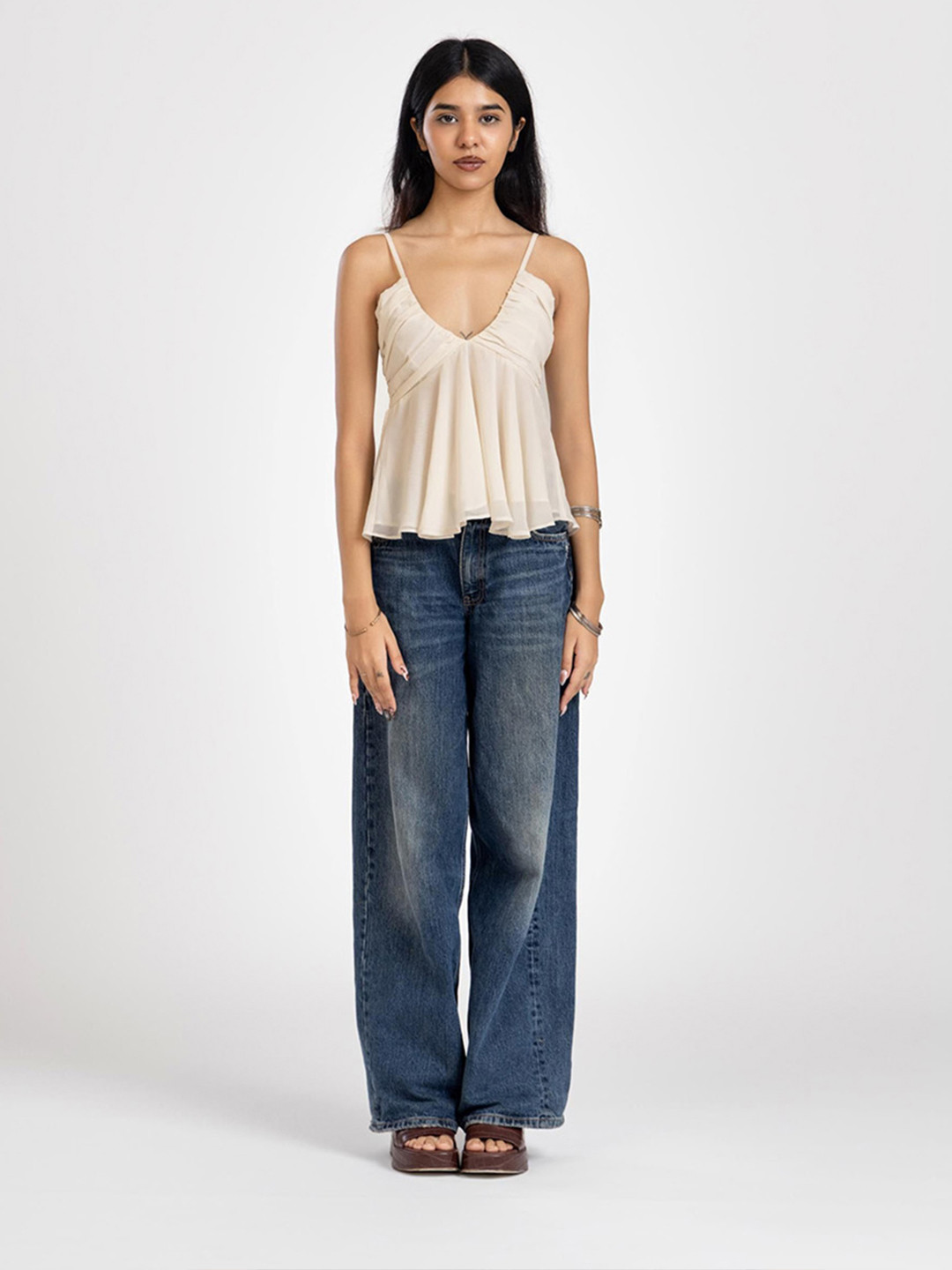 Past Modern Women Shoulder Straps Pleated Top