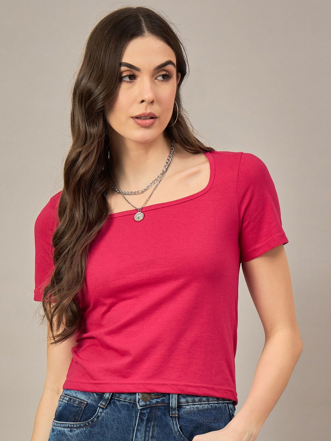 R.Code by The Roadster Lifestyle Co. Women Solid Scoop Neck Cotton T-shirt