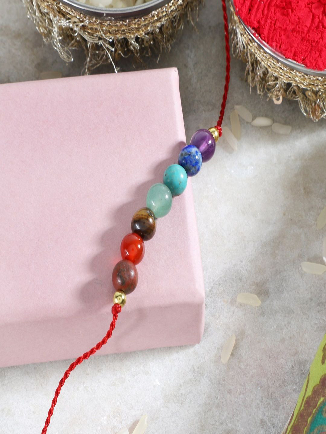 Nirvana Unisex Gold-Plated 7 Chakra Beaded Bhaiya Rakhi With Roli-Chawal