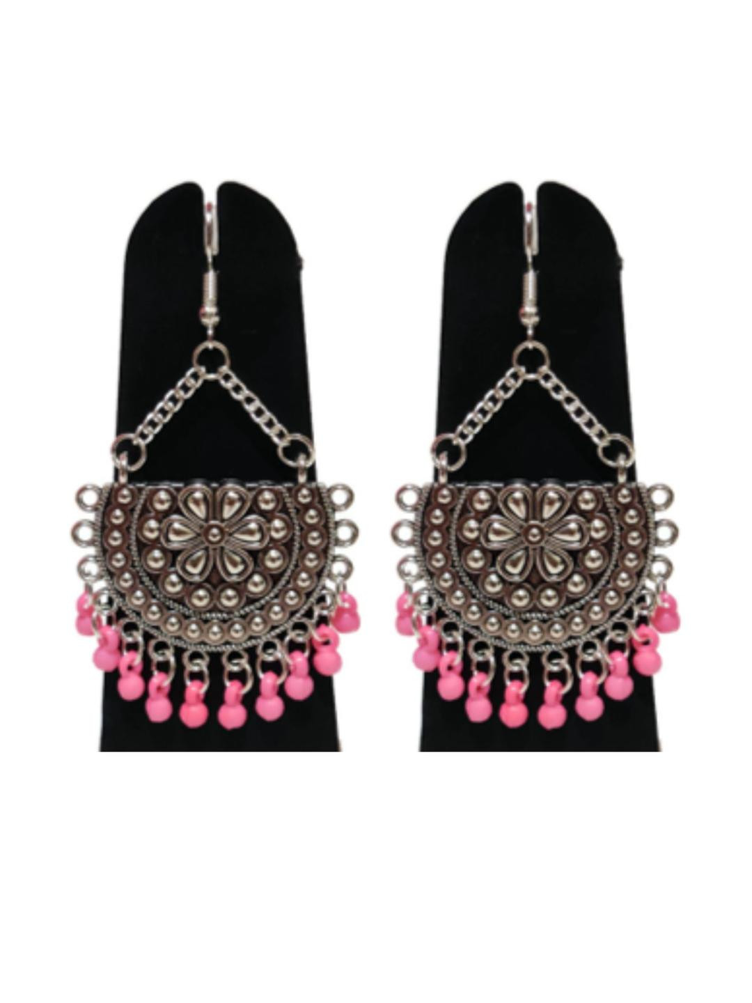 Weariton Women Silver Light Pink Beaded Half Moon Chand Earrings