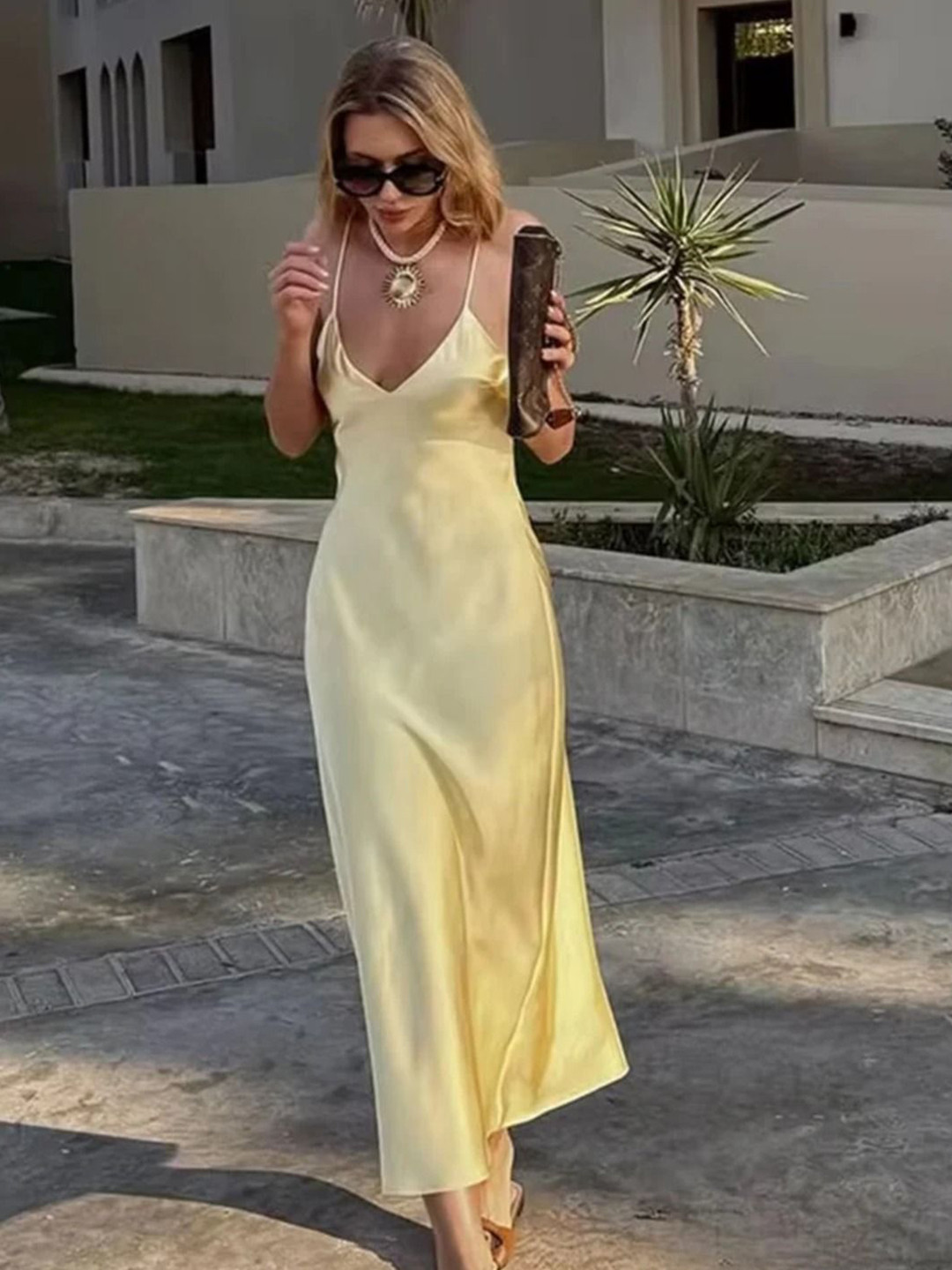 TRENBEE Stephanie Women Shoulder Straps Backless Satin Maxi Dress