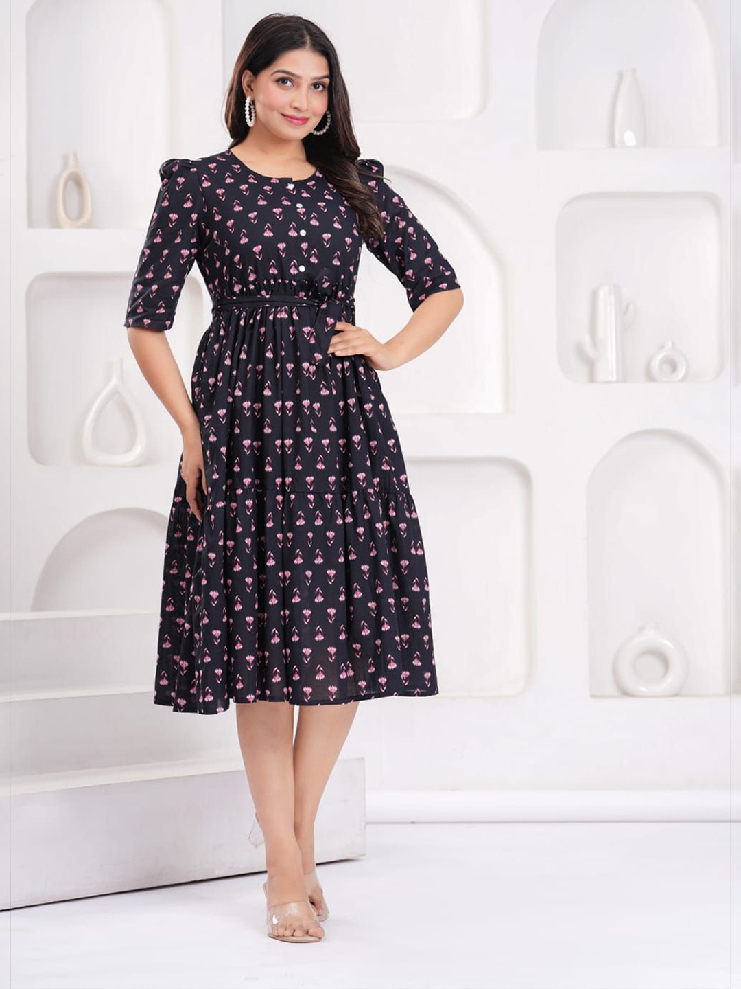 THE WHITE FEATHERS Women Floral Printed Round Neck Fit & Flare Midi Dress with Belt