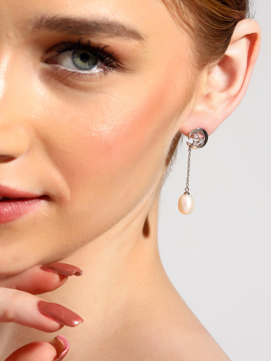 Beenth & Doneth Hanging Moon Pearl Sterling Silver Studs Earrings