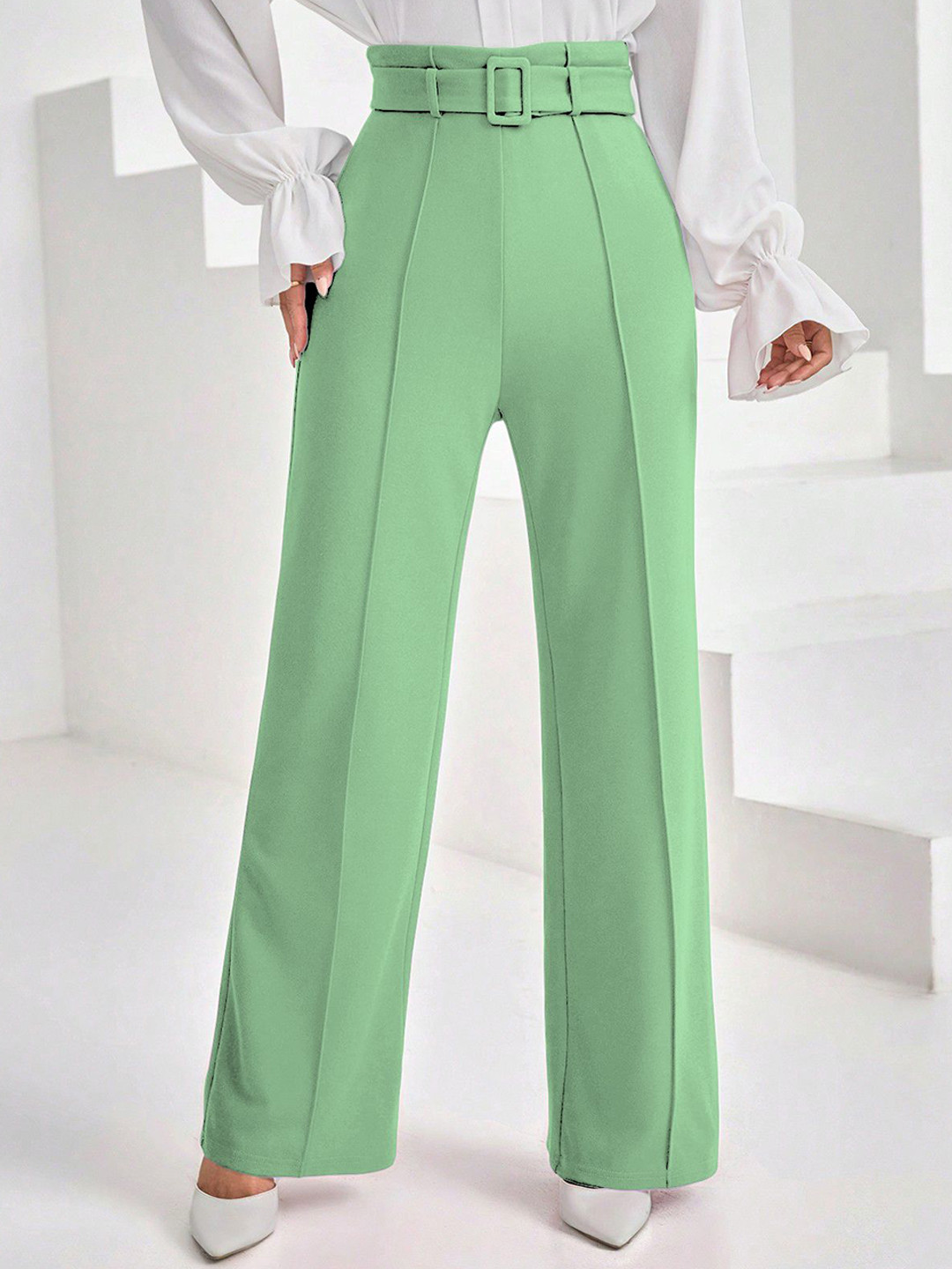 Sugathari Women Relaxed Wide Leg High-Rise Wrinkle Free Pleated Trousers with Belt