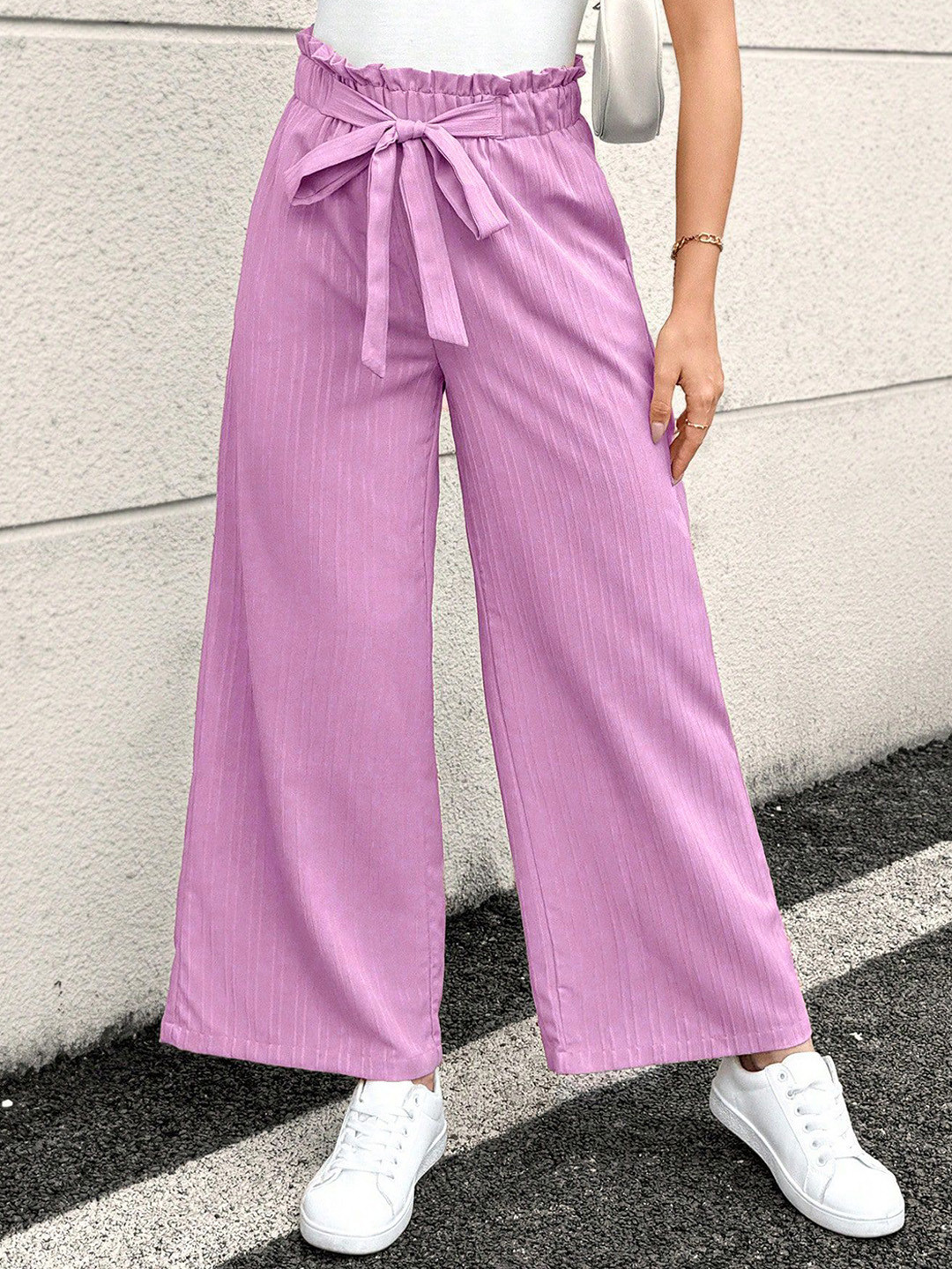 Sugathari Women Textured Relaxed Loose Fit Wrinkle Free Wide Leg Paper Bag Trousers