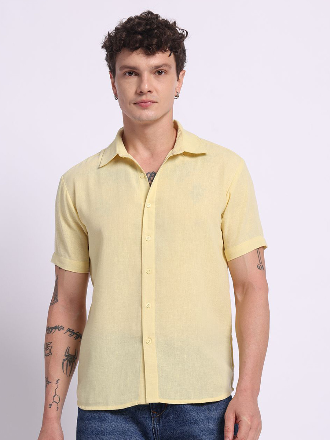 PANIT Standard Spread Collar Short Sleeves Linen Casual Shirt