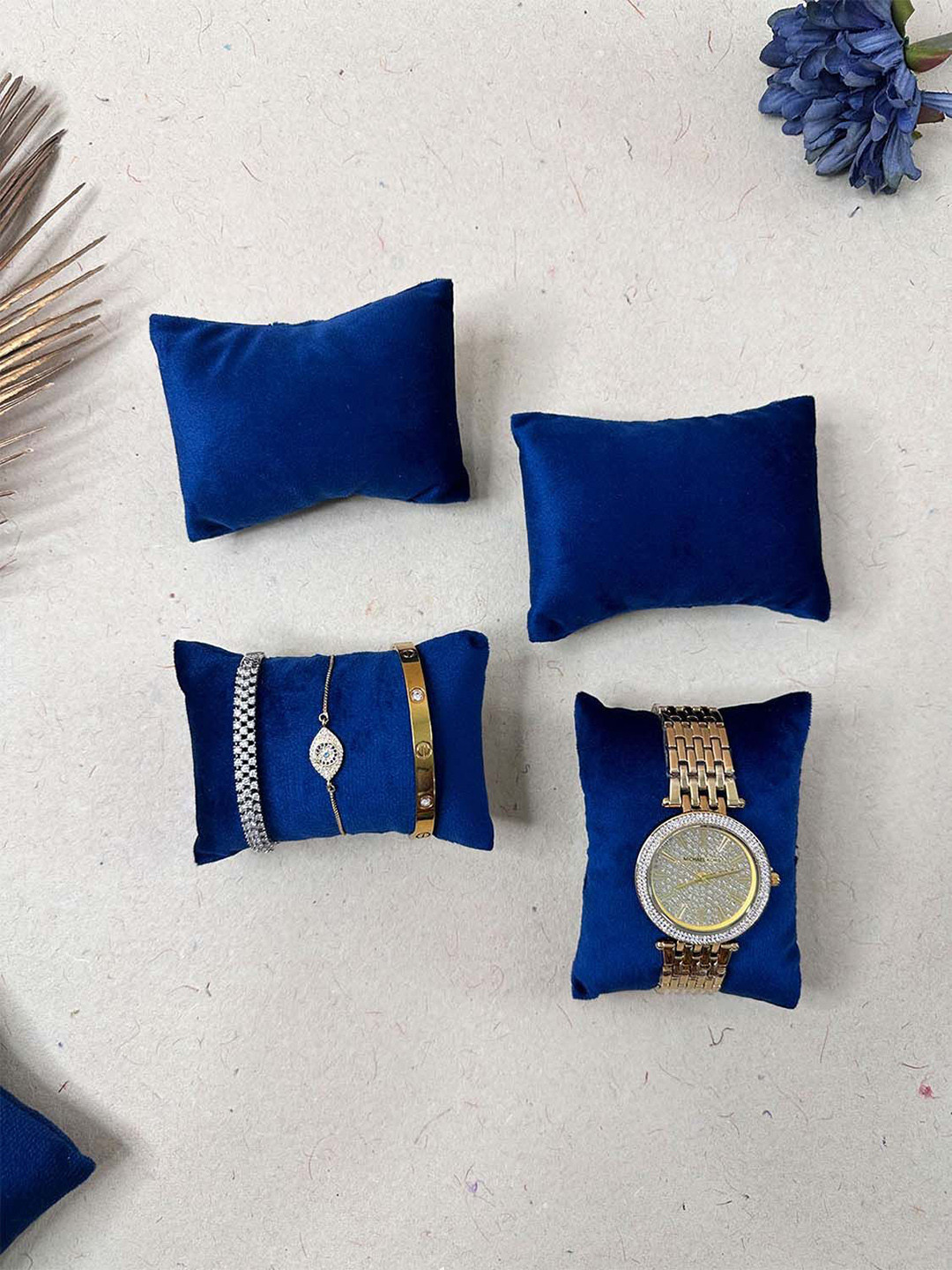 La Trove Set of 4 Blue Velvet Wrist Watch Organiser Pillow Cushion