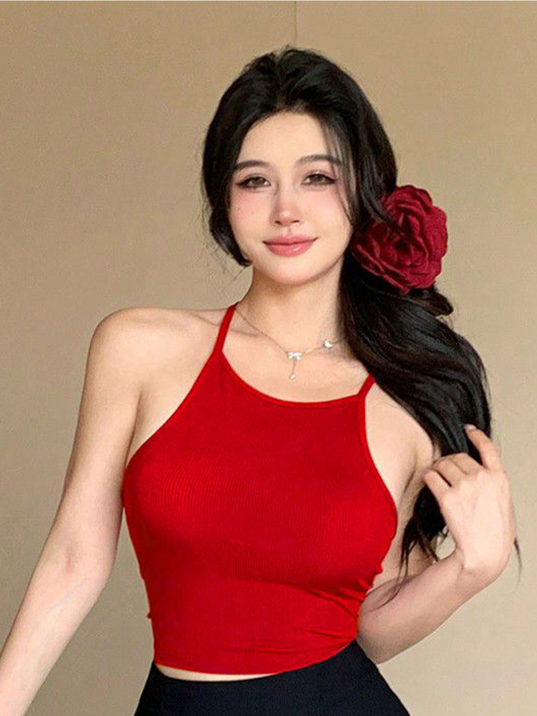 Istyle Can Women Red Ribbed Halter Neck Crop Top
