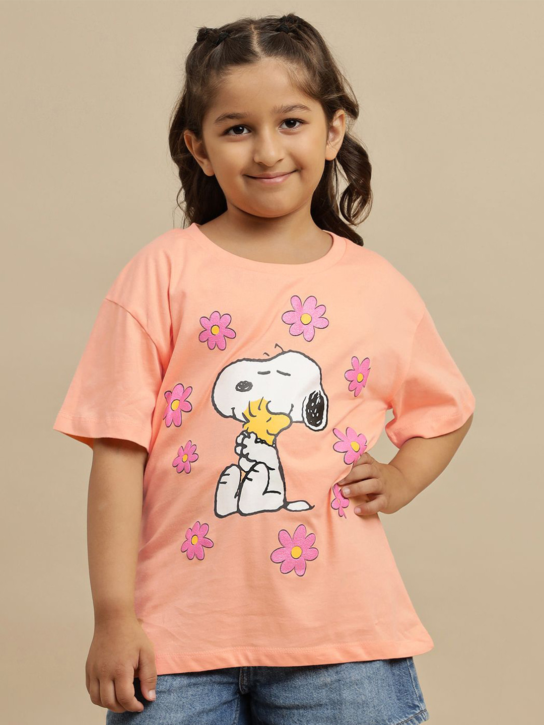 Girls Snoopy Printed Round Neck Cotton Oversized T-shirt