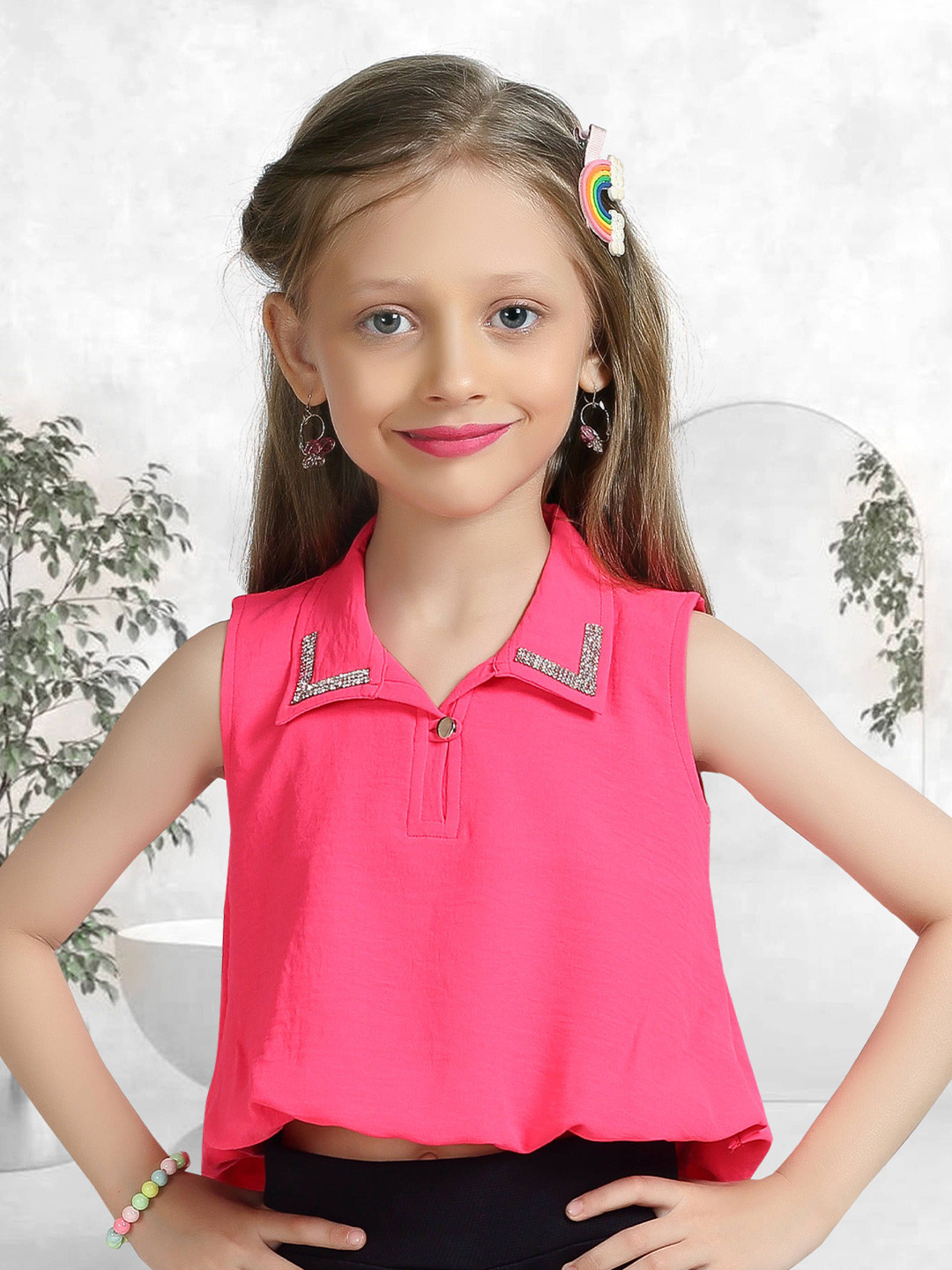 Lei-Chie Girls Embellished Shirt Collar Regular Top