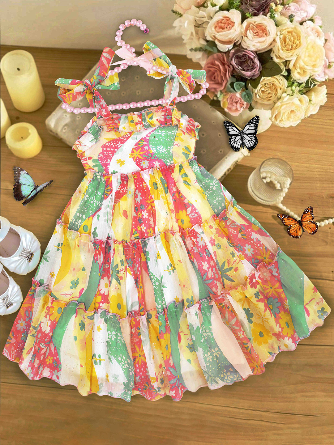 KAARIGARI Girls Floral Printed Georgette Fit & Flare Midi Dress