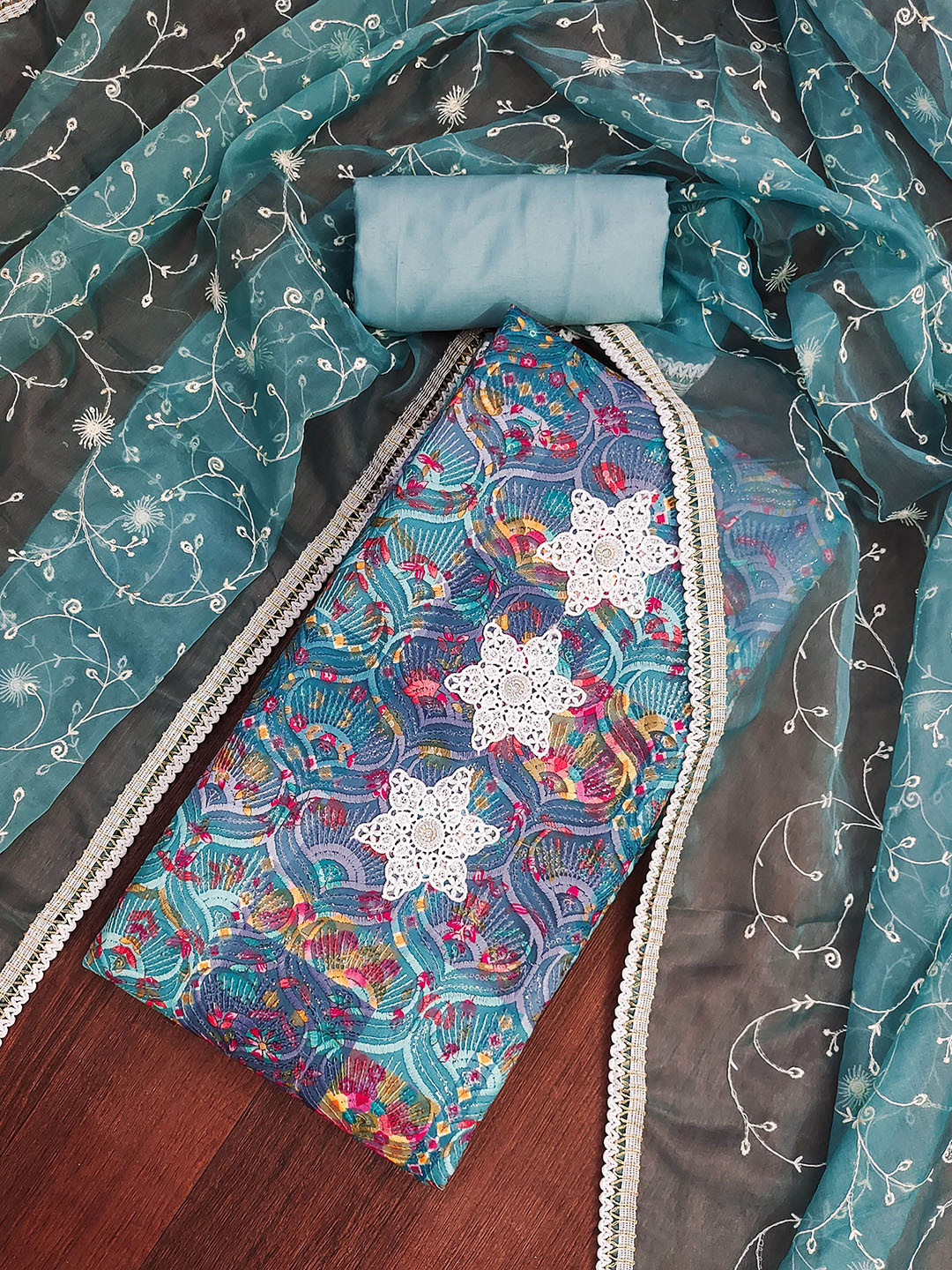 HERE&NOW Floral Embroidered Patchwork Cotton Silk Unstitched Dress Material