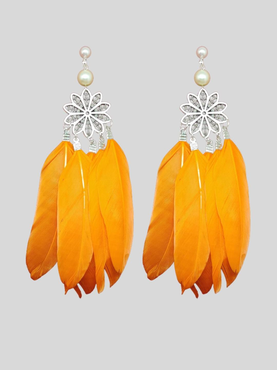 Weariton Women Silver Toned Floral Feather Drop Earrings