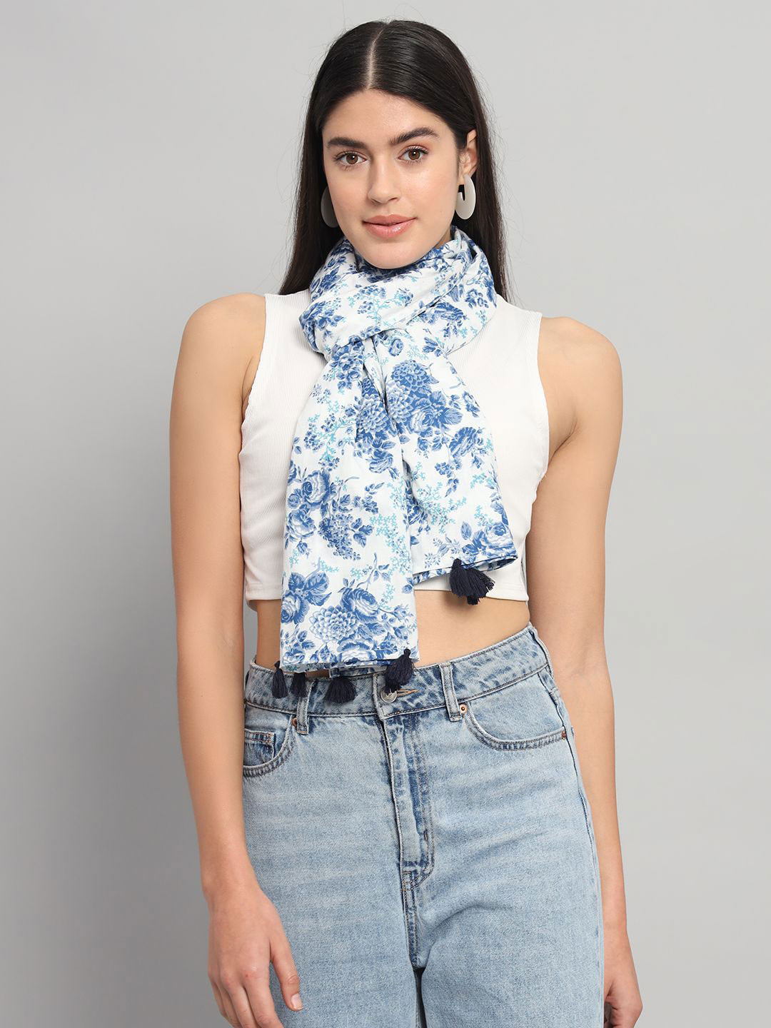 Ravaiyaa Women Cotton Hand Block Floral Printed Scarf With Tasselled