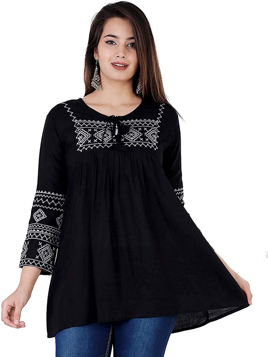 IB STYLES Women Embroidered Tie-Up Neck Empire Top