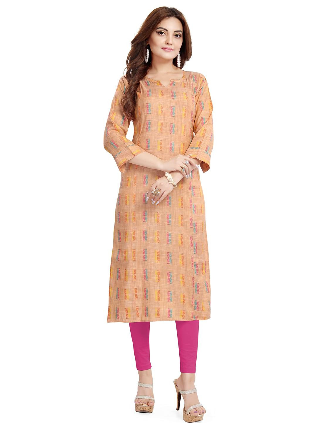 Mom&Bae Women Orange Cotton Blend Kurtis
