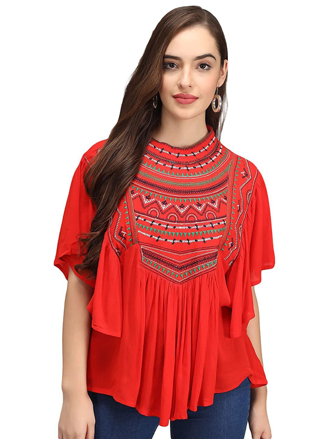IB STYLES Women Tribal Embroidered Flutter Sleeve Top