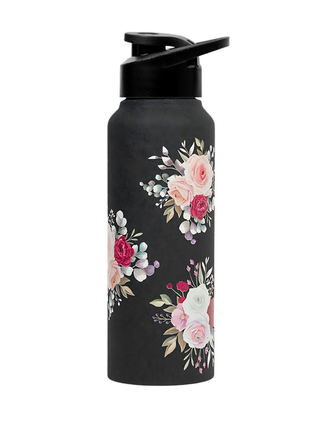 Voik Black Floral Stainless Steel Solid Water Bottle