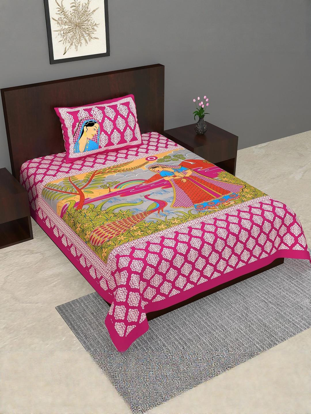 Monik Handicrafts Pink 144 TC Single Bedsheet With 1 Pillow Covers