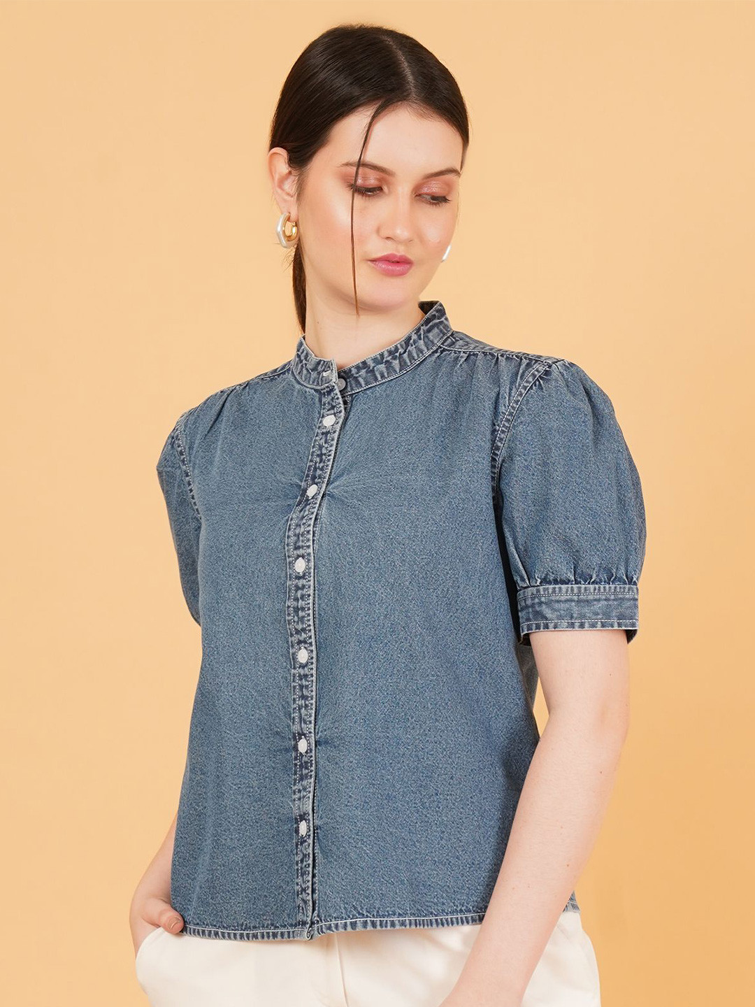 Chemistry Women Band Collar Puff Sleeve Denim Shirt Style Regular Top