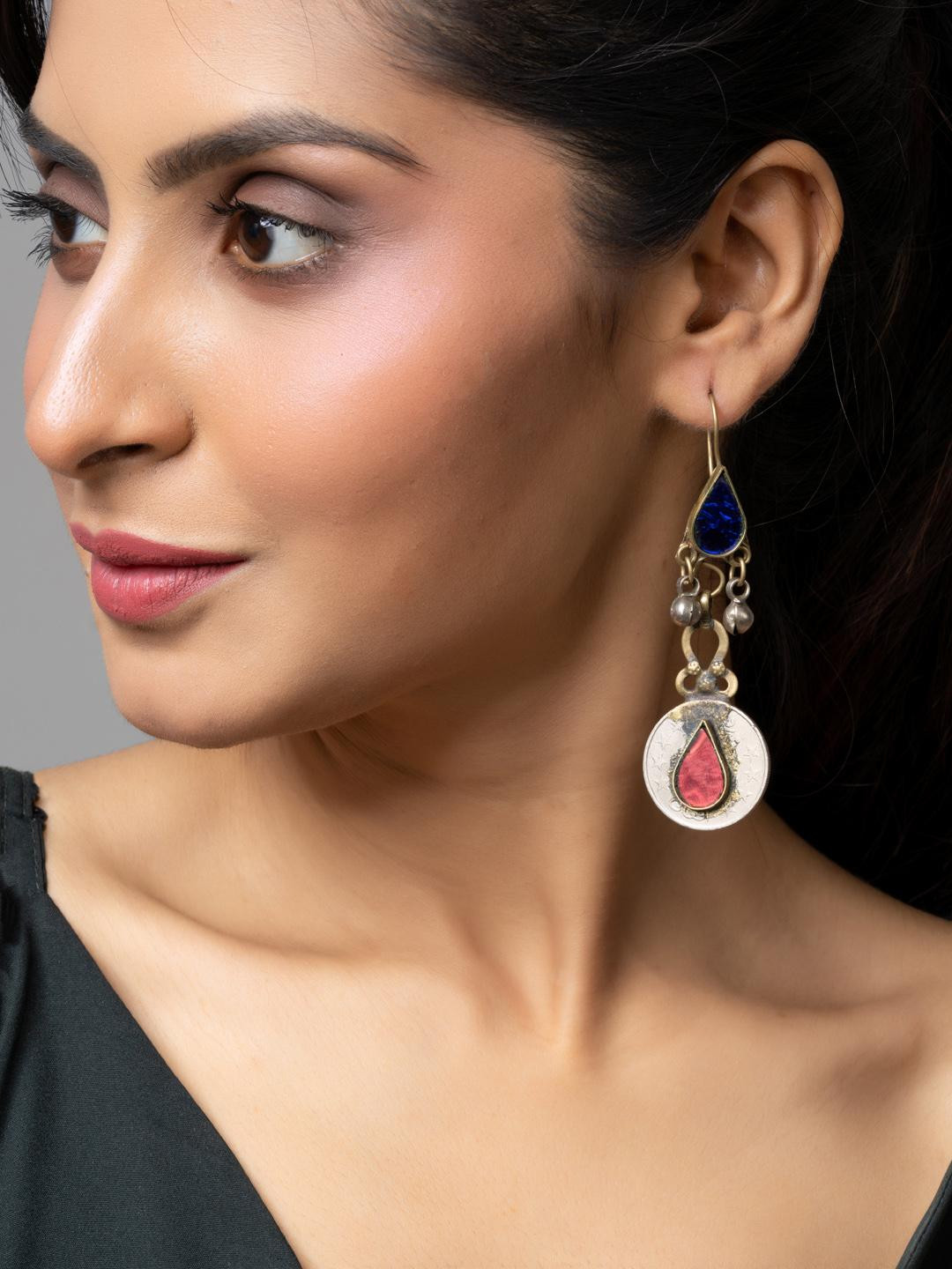 Look and Adorn Blue Red Afghan Dangler Earrings