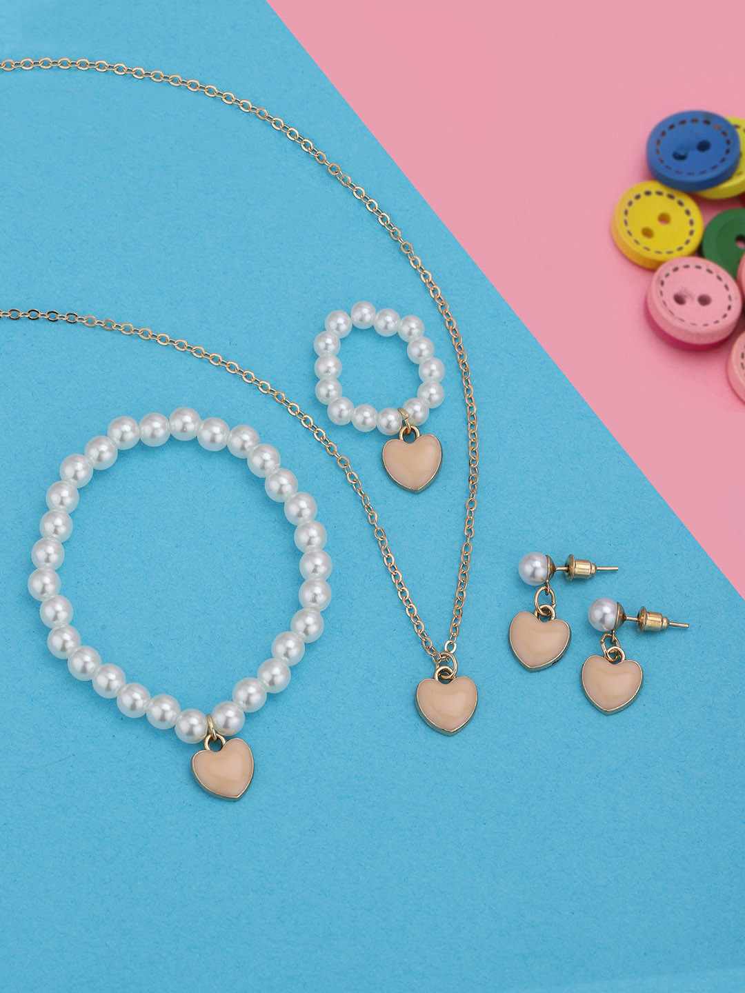 Carlton London Gold Plated Pearl and Enamel Dangling Heart Jewellery Set for Girl