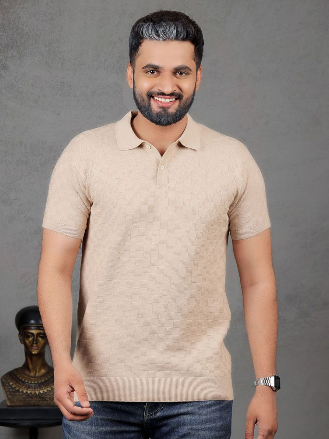 JOHN ELLIES Self Design Polo Collar Cotton T-shirt