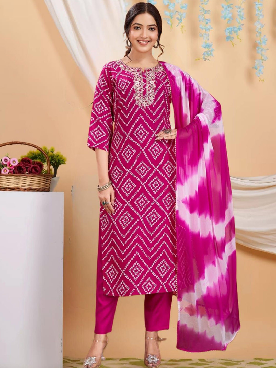 Vidusha Women Bandhani Printed Cotton Kurta with Trousers & Dupatta