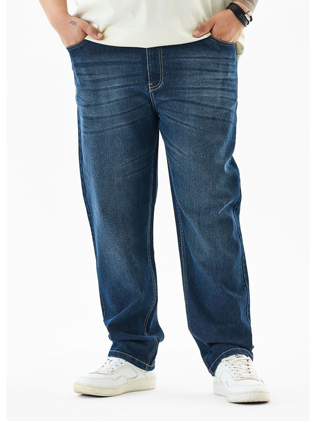 Snitch Men Plus Size Tapered Fit Mid-Rise Light Fade Cuffed Hem Stretchable Jeans