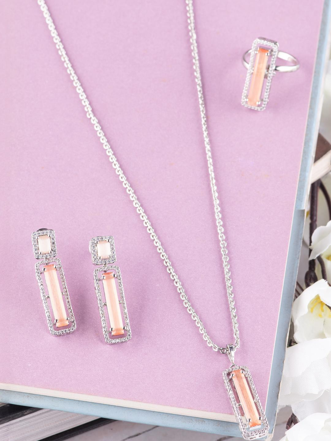 KAYRAH Women Peach Pendant Earrings & Ring Jewellery Set