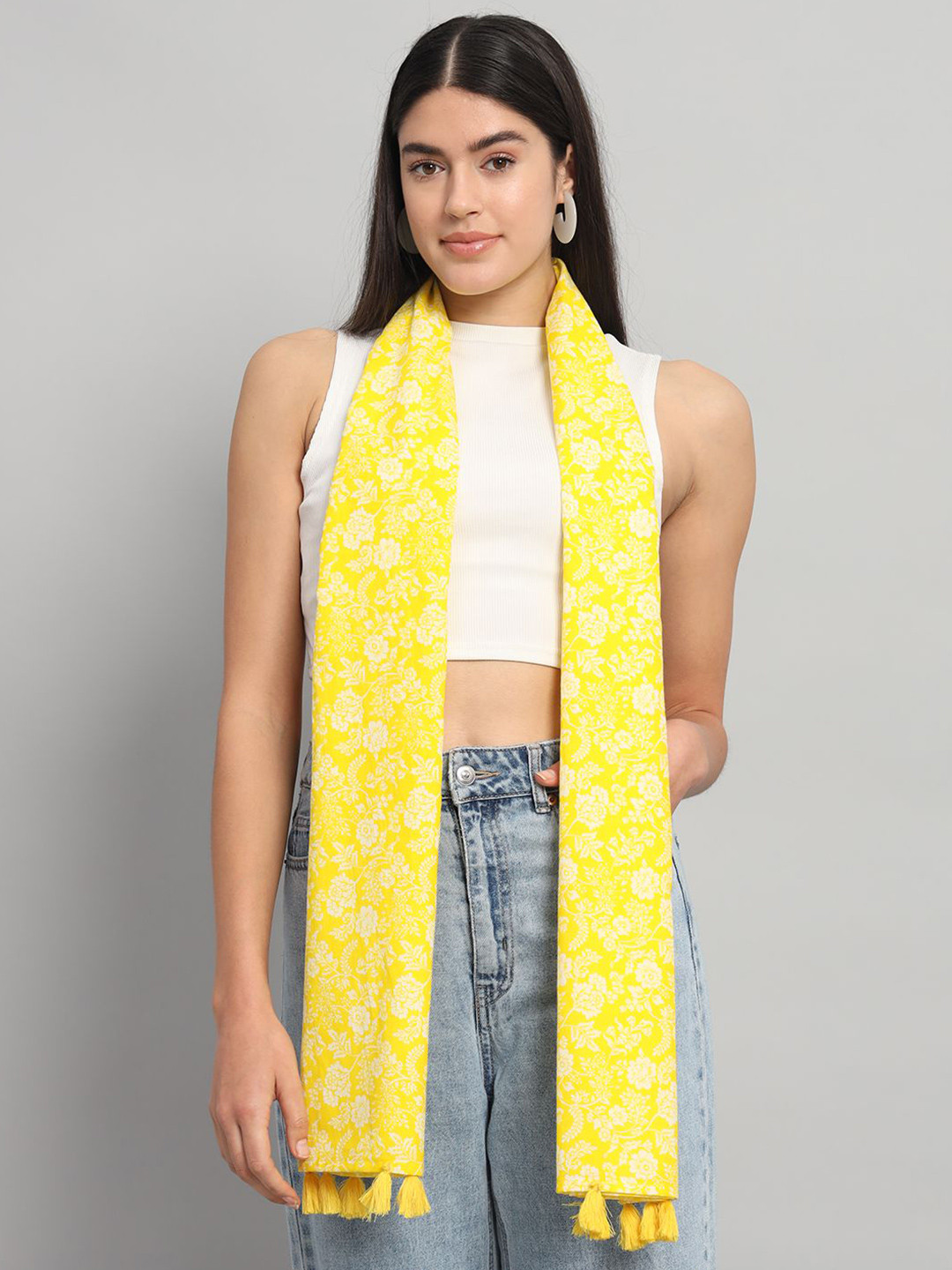 Ravaiyaa Women Cotton Hand Block Floral Printed Scarf With Tasselled