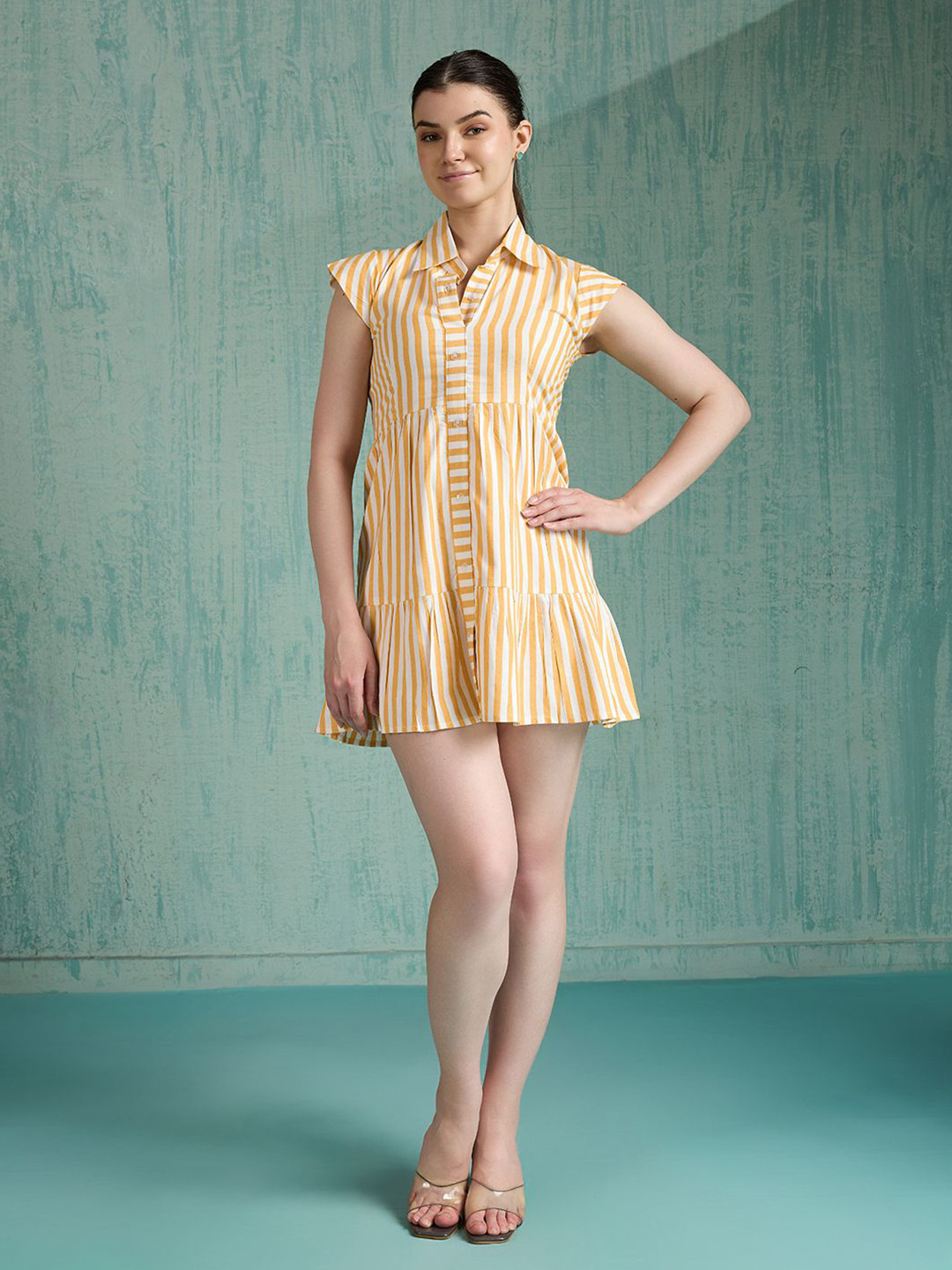 4WRD by Dressberry Striped Shirt Collar Cap Sleeves Casual Cotton Dress