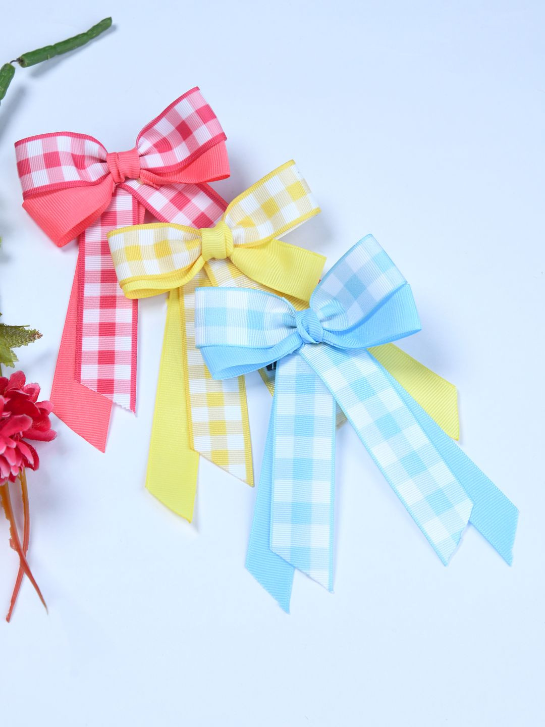 FUNKRAFTS Girls Set of 3 Ribbon Checks Bow Alligator Hair Clip