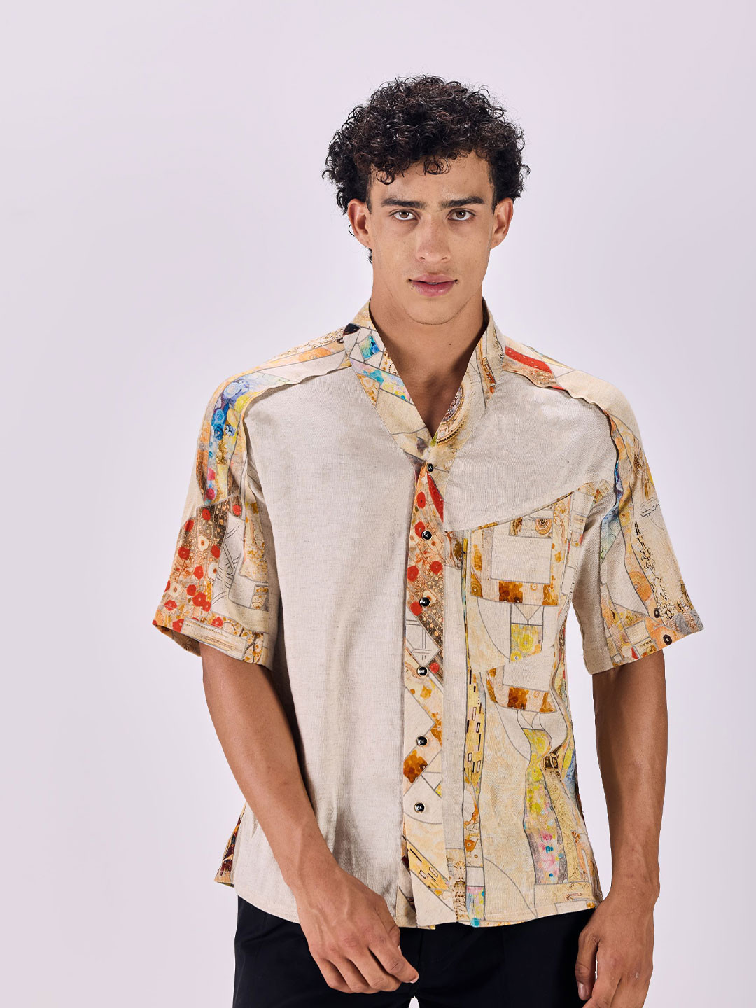 SAMMYUKK Nouvean Art Printed V-Neck Contemporary Cotton Shirt