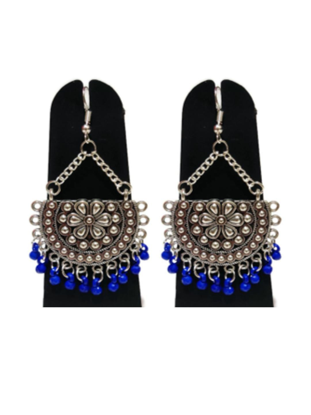Weariton Women Silver Royal Blue Beaded Half Moon Chand Earrings