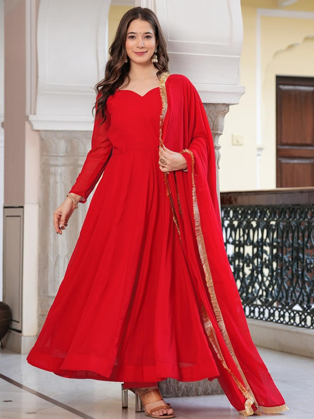 VS MALL Women Red Georgette Kurta Sets