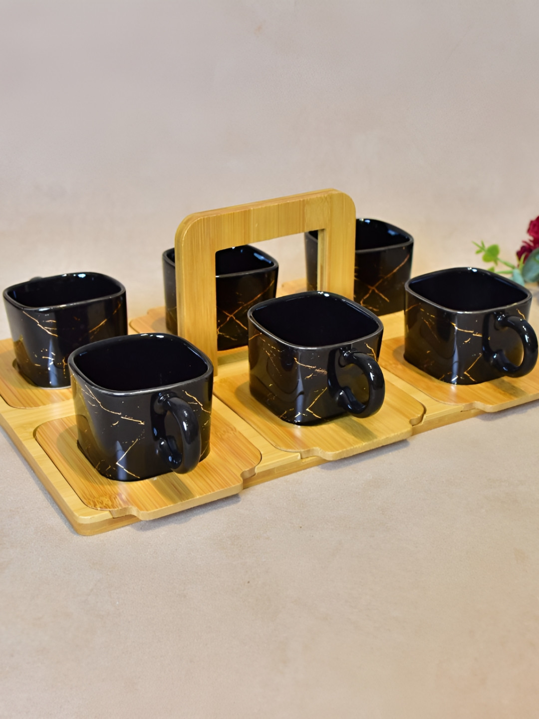 THE HOME CO. Black And Gold-toned 6 Pieces Ceramic Matte Cups & Bamboo Tray 300.0 ML